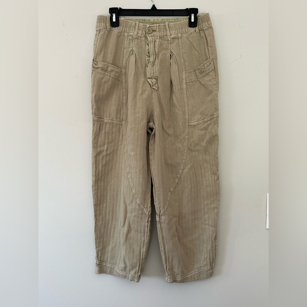 Free People linen blend utility pants Tan elastic waist size small